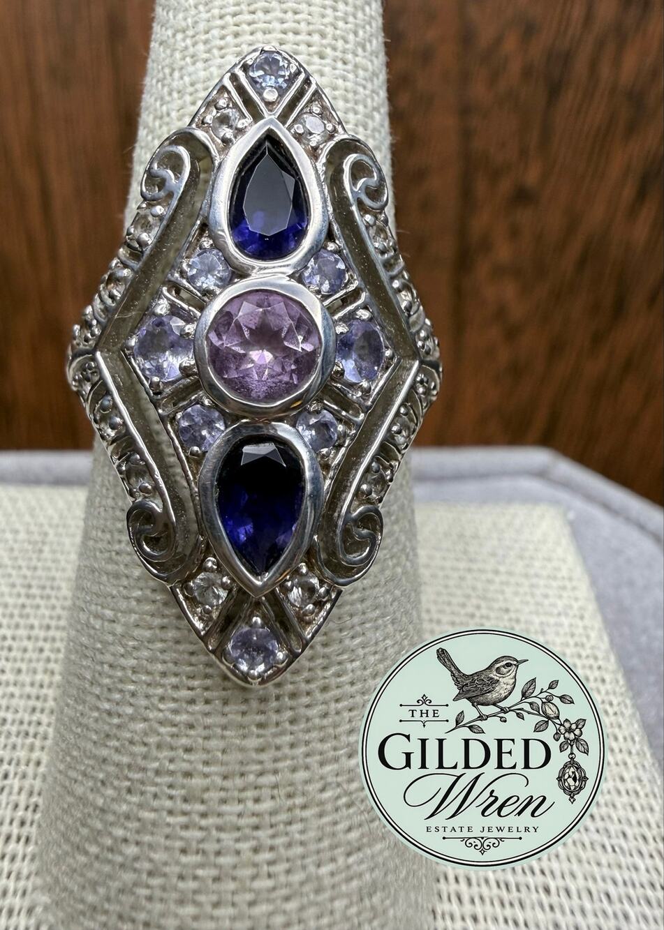 QVC Multi Gemstone Sterling Silver 925 Statement Ring Size 8 Purple Stones 6g